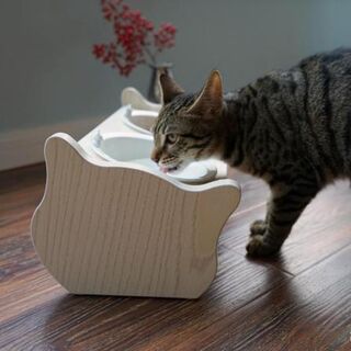 CatS Design Holz-Porzella Katzennapf Set Futterbar Anti-Rutsch Neigy 2er