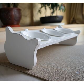 CatS Design Holz-Porzella Katzennapf Set Futterbar Anti-Rutsch Neigy 3er